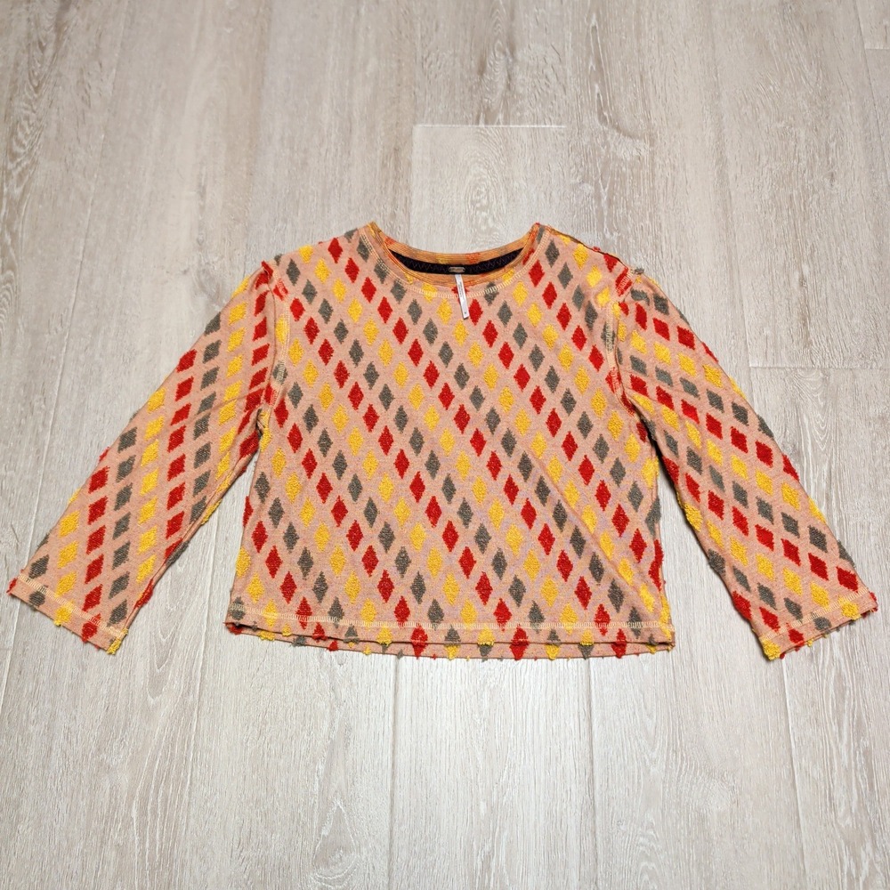 Free People Womens M Harlequin Diamond Tufted Knit 3/4 Sleeve Cropped Top Peach